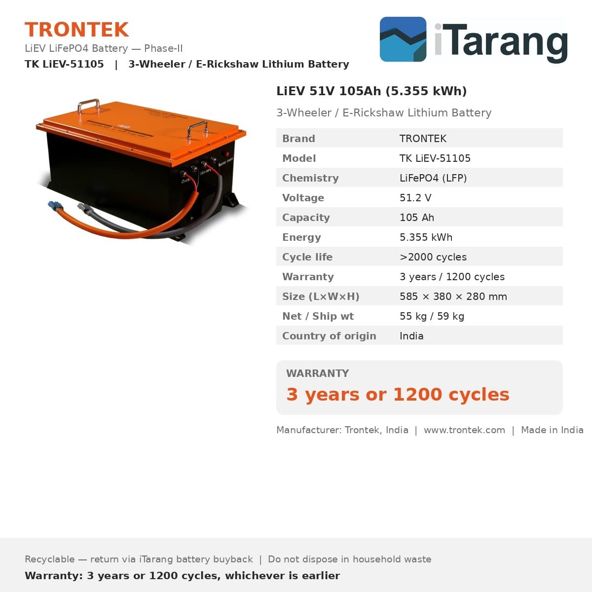 Trontek LiEV LiFePO4 EV Battery 51V 105Ah (5.355 kWh) Phase-II — view 4