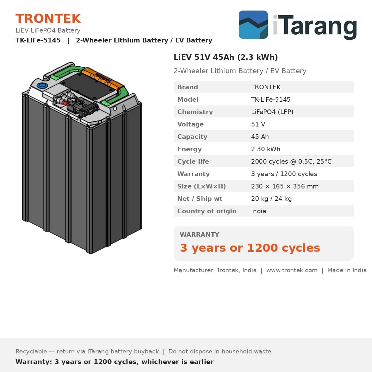 Trontek LiEV LiFePO4 EV Battery 51V 45Ah (2.3 kWh) — view 4