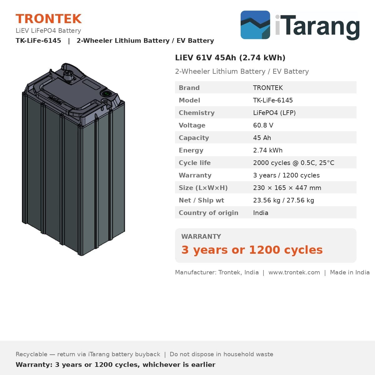 Trontek LiEV LiFePO4 EV Battery 61V 45Ah (2.74 kWh) — view 4