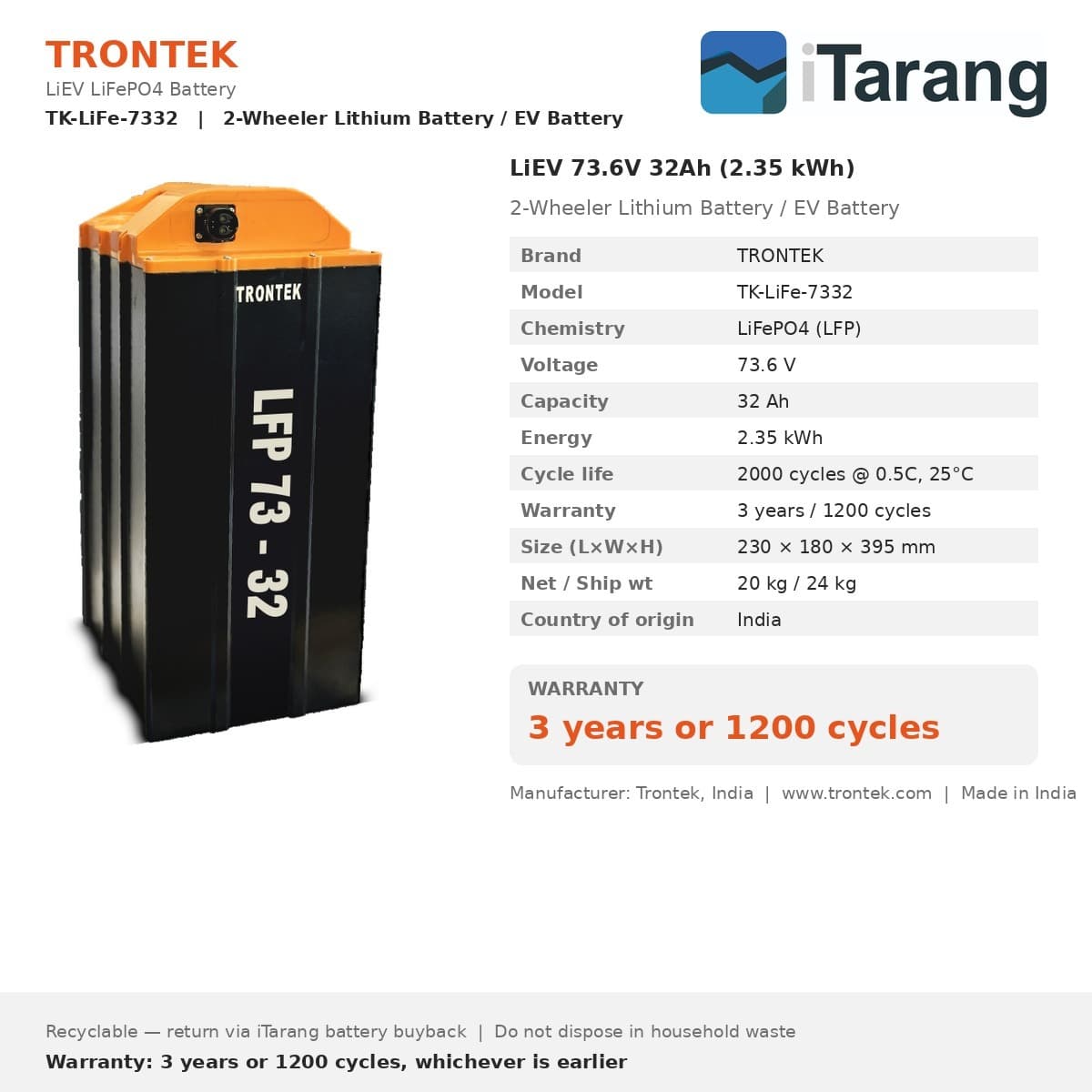 Trontek LiEV LiFePO4 EV Battery 73.6V 32Ah (2.35 kWh) — view 4